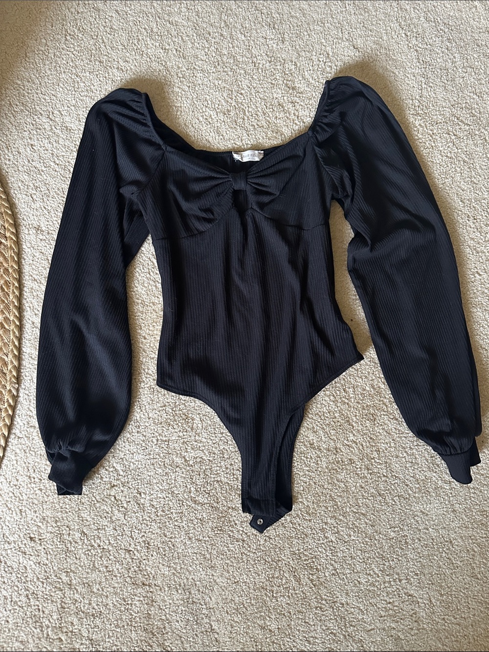 Black Ribbed Long Sleeve Tie-Front Bodysuit